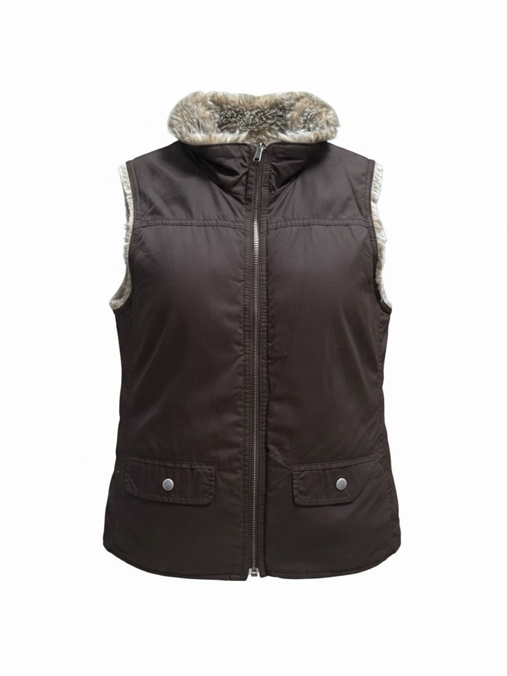 Women's Brown Faux-Fur Collar Puffer Vest